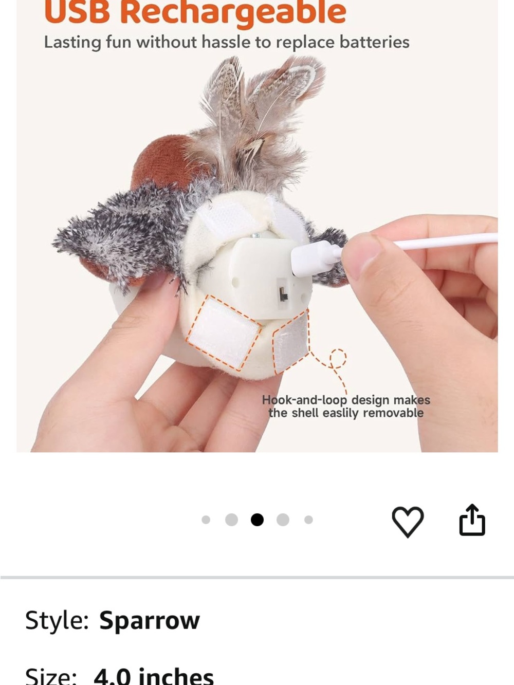 ๐ ๐ Flapping Chirping Sparrow Cat Toy - Brown/White - Picture 9 of 16